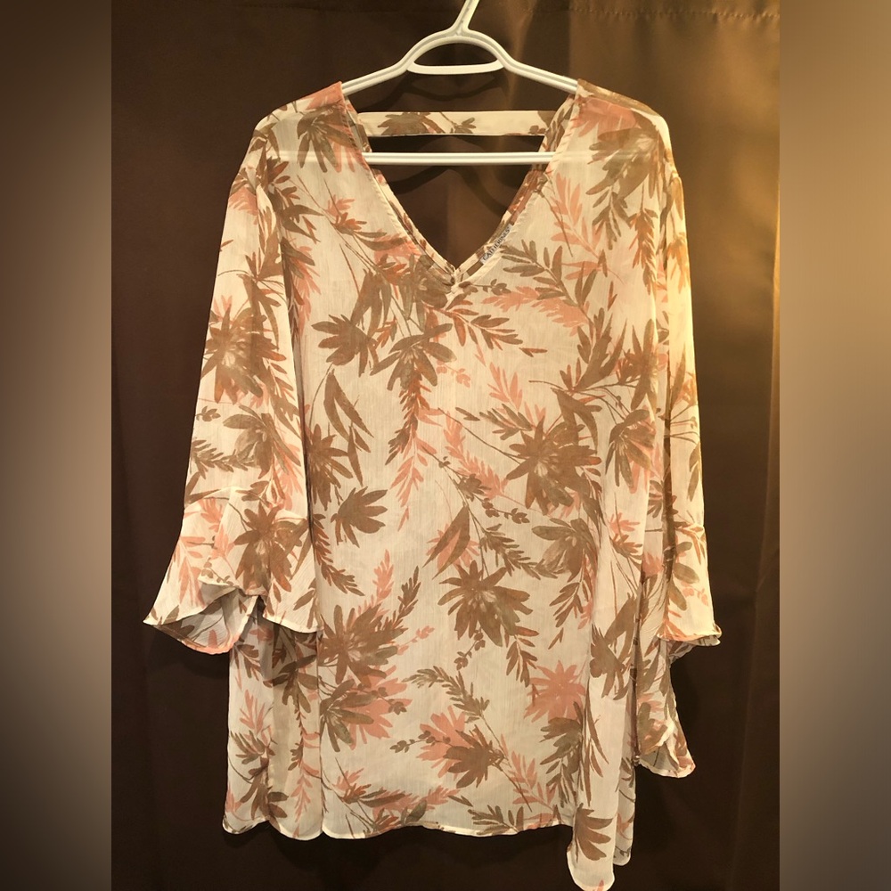 Gorgeous tan/pink/brown sheer blouse from Catherines sz 3X (26/28W)